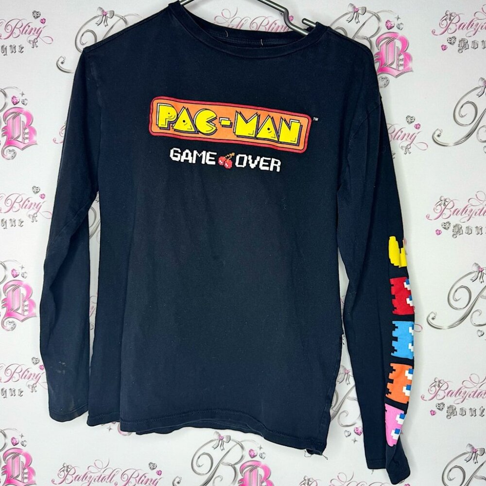 Pac-Man Black Long Sleeve Shirt game over ghosts gamer ghosts on sleeve